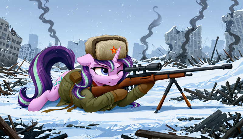 00449-3472687026-masterpiece, best quality, absurd res, hi res, starlight glimmer aiming a sniper rifle, starlight glimmer _(mlp_), my little pon.webp